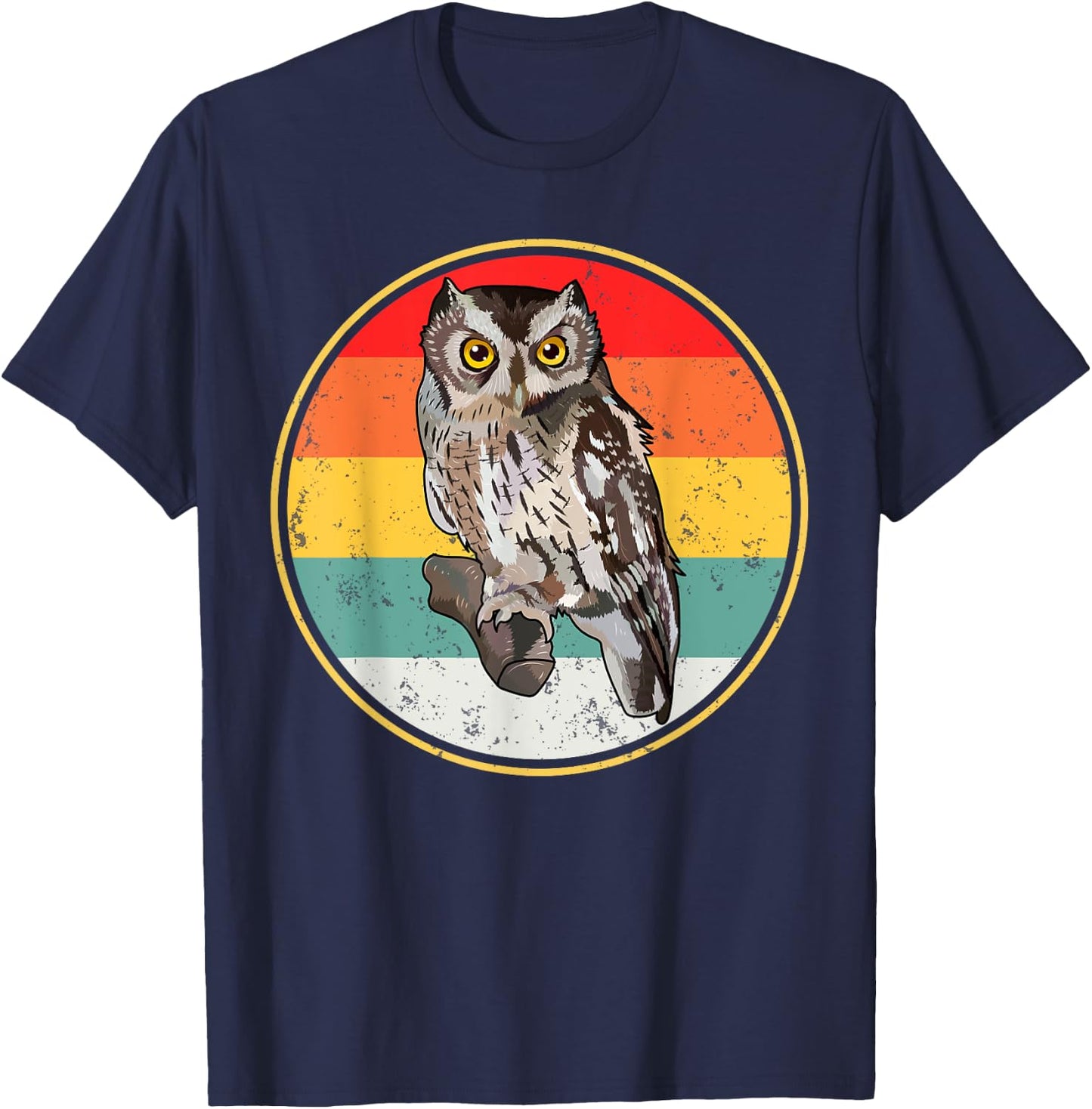 Vintage Retro Sunset Whiskered Screech-Owl Bird T-Shirt - T-Shirt | Navy