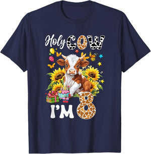 Holy Cow I'm 8 Years Old Farm Cow Sunflowers 8Th Birthday T-Shirt - T-Shirt | Navy