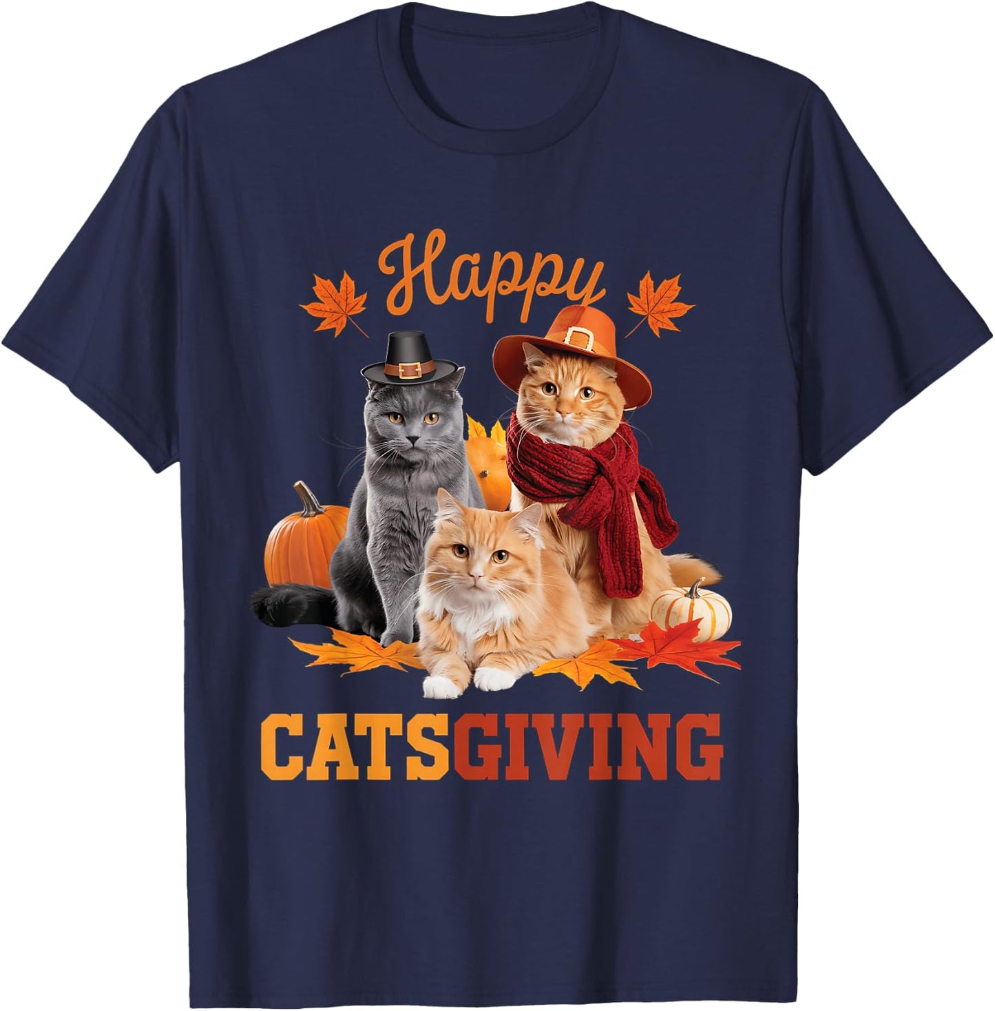 Happy Catsgiving Cute Thanksgiving Cat Wears Pilgrim Hat Women Girls Kids T-Shirt - T-Shirt | Navy