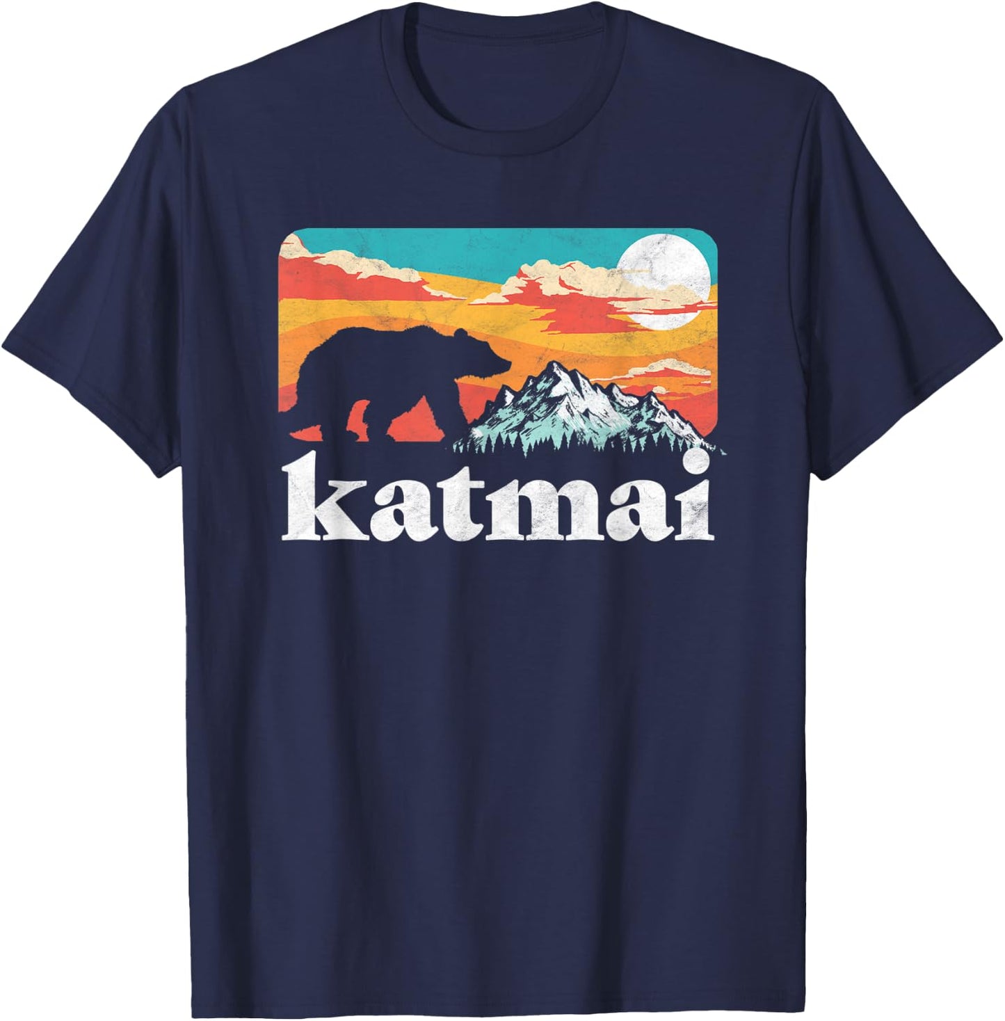 Katmai Alaska Retro Bear & Mountain Vintage 80s Graphic T-Shirt - T-Shirt | Navy