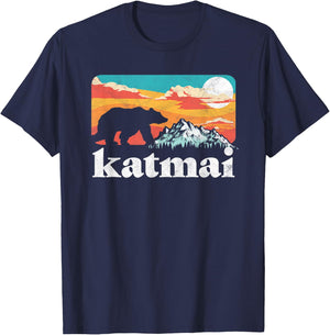 Katmai Alaska Retro Bear & Mountain Vintage 80s Graphic T-Shirt - T-Shirt | Navy