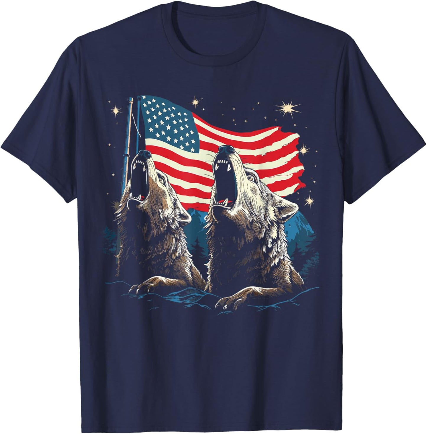 Wolves Moon Howling Wolf American Flag Wolves T-Shirt - T-Shirt | Navy
