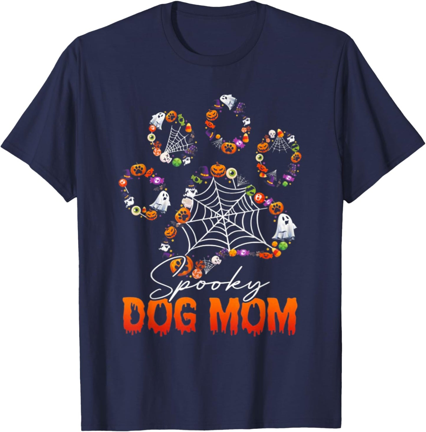 Spooky Dog Mom Cute Dog Paw Halloween T-Shirt - T-Shirt | Navy