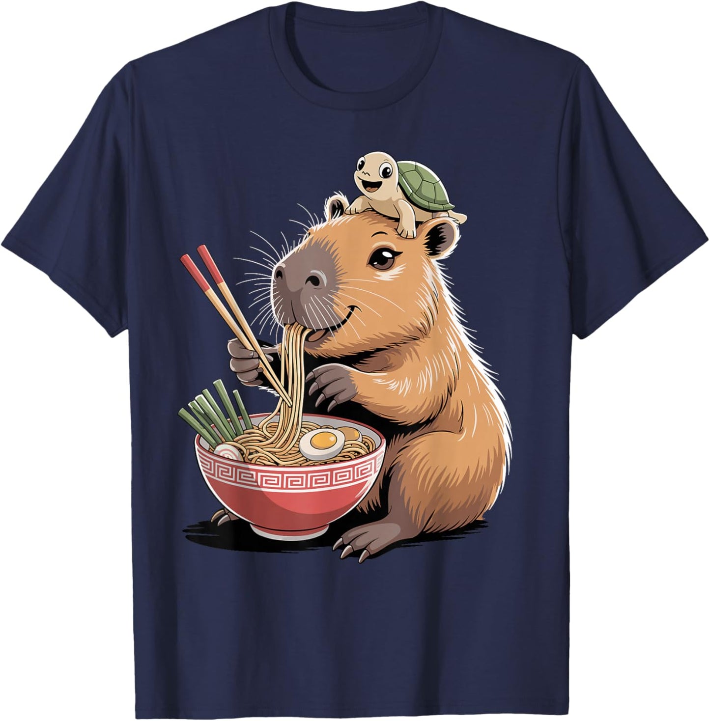 Adorable Capybara Eating Ramen for Kids and Turtles Kawaii T-Shirt - T-Shirt | Navy