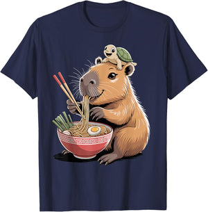 Adorable Capybara Eating Ramen for Kids and Turtles Kawaii T-Shirt - T-Shirt | Navy