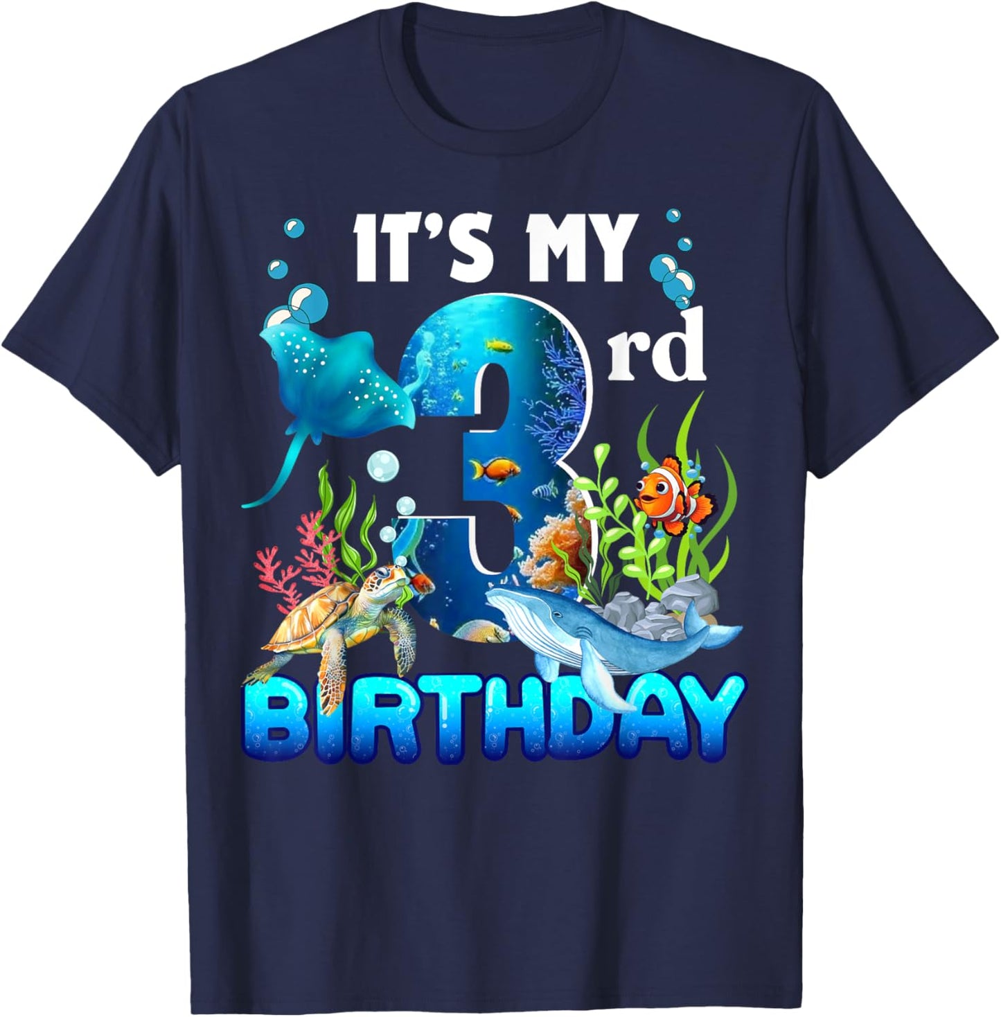 It's My 3rd Birthday Party Ocean 3 Years Old Sea Fish B-Day T-Shirt - T-Shirt | Navy