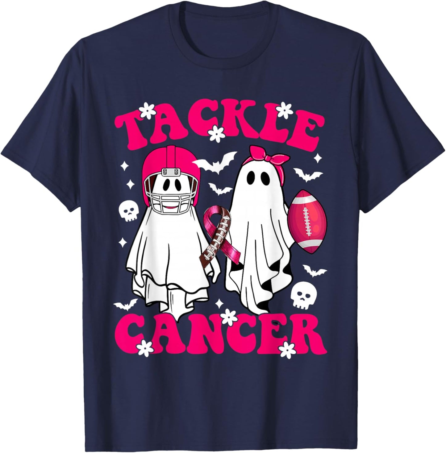 Tackle Breast Cancer Football Funny Ghost Pink Halloween T-Shirt - T-Shirt | Navy