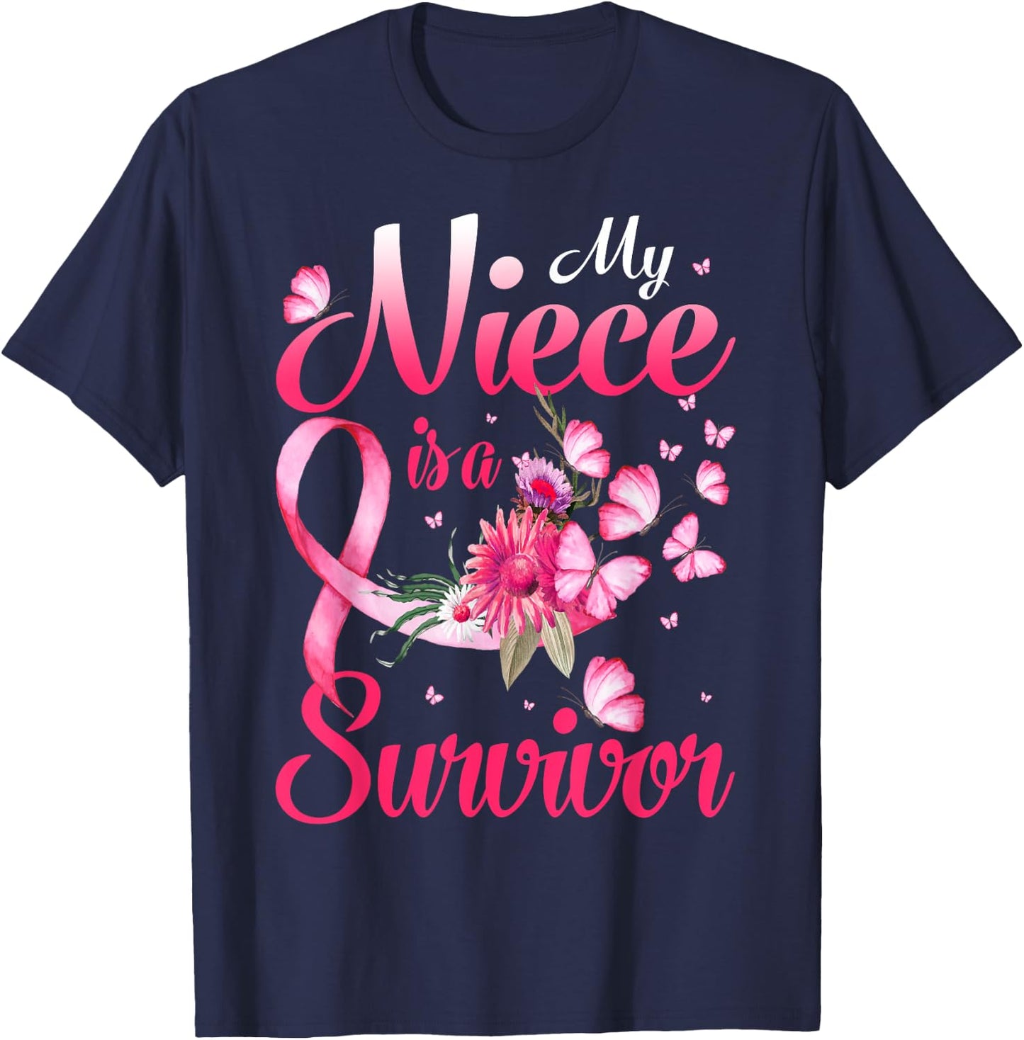 My Niece Is A Survivor Butterfly Breast Cancer Awareness T-Shirt - T-Shirt | Navy