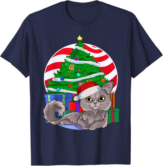 Nebelung Cat Cute Santa Christmas Tree Xmas Decor T-Shirt - T-Shirt | Navy