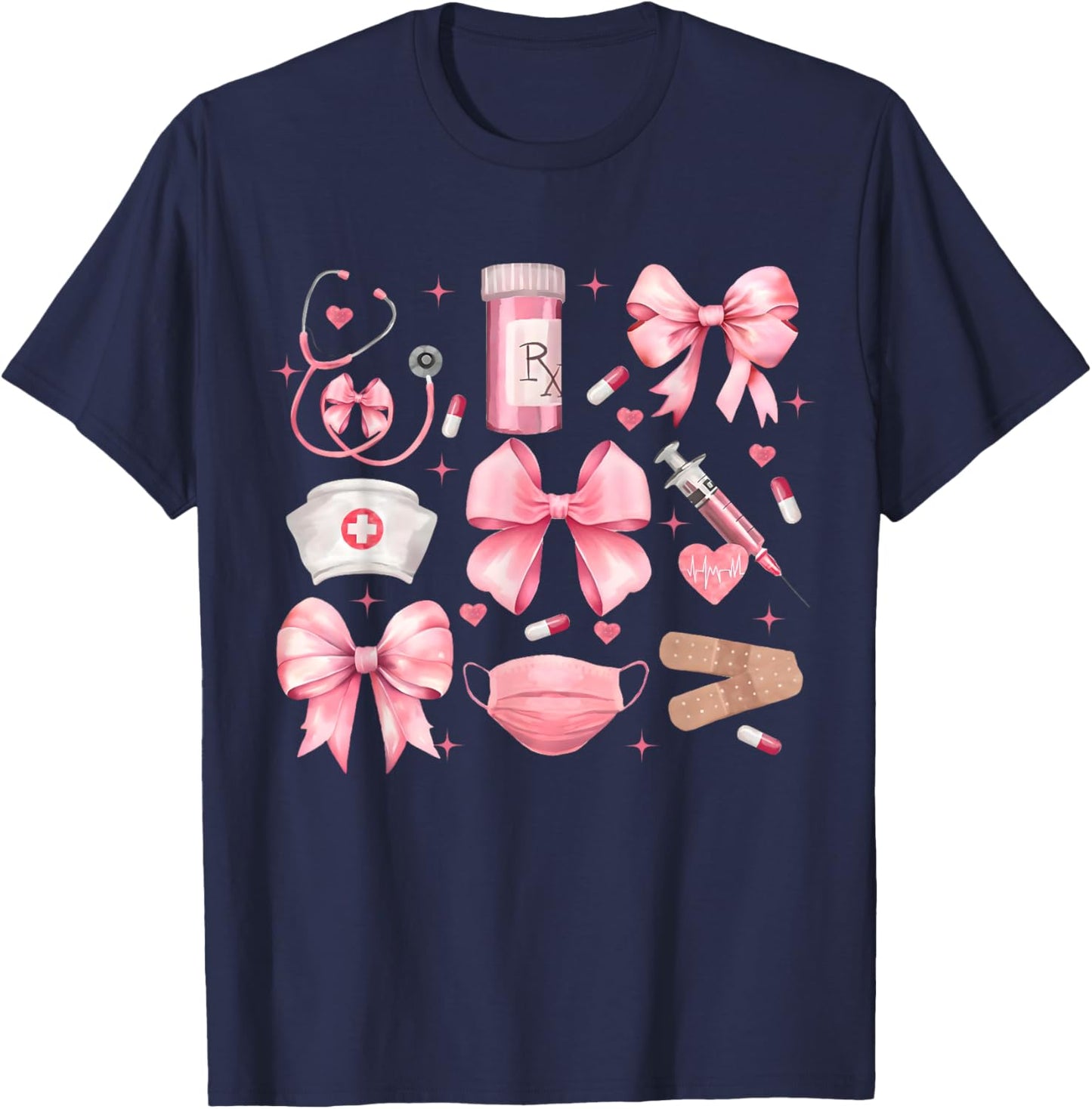 Women Pink Retro Nurse Coquette Pink Bow Girlie Nurse Life T-Shirt - T-Shirt | Navy
