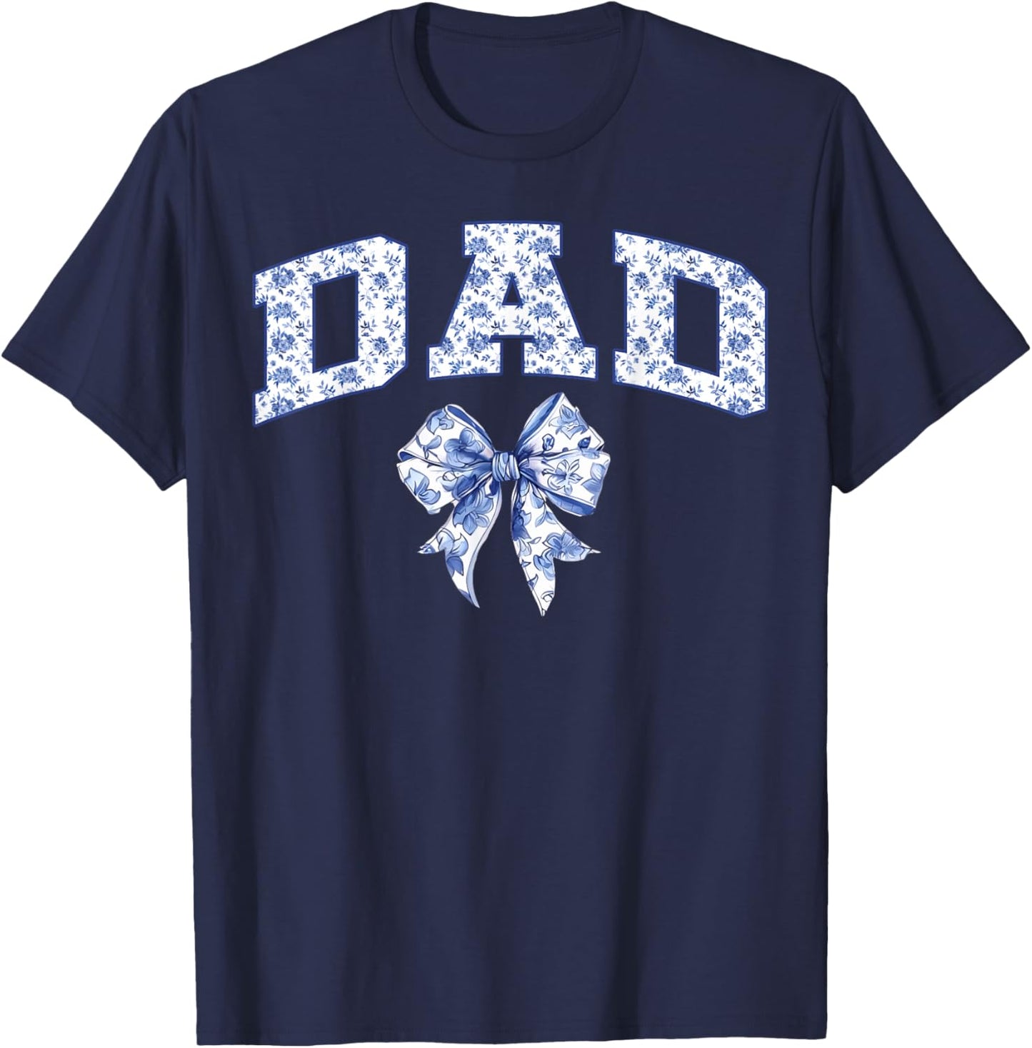 Dad Coquette Toile Blue Bow Floral Family Matching T-Shirt - T-Shirt | Navy