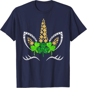 Unicorn Face Girls Kids St Patricks Day Irish Shamrock Women T-Shirt - T-Shirt | Navy