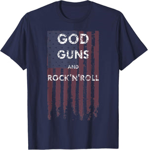 God Guns Rock n' Roll American Flag 2nd Amendment T-Shirt - T-Shirt | Navy