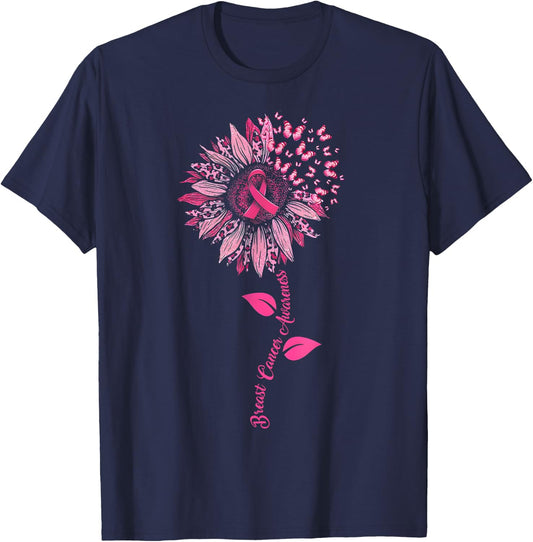 Sunflower Breast Cancer Awareness Pink Ribbon In October T-Shirt - T-Shirt | Navy