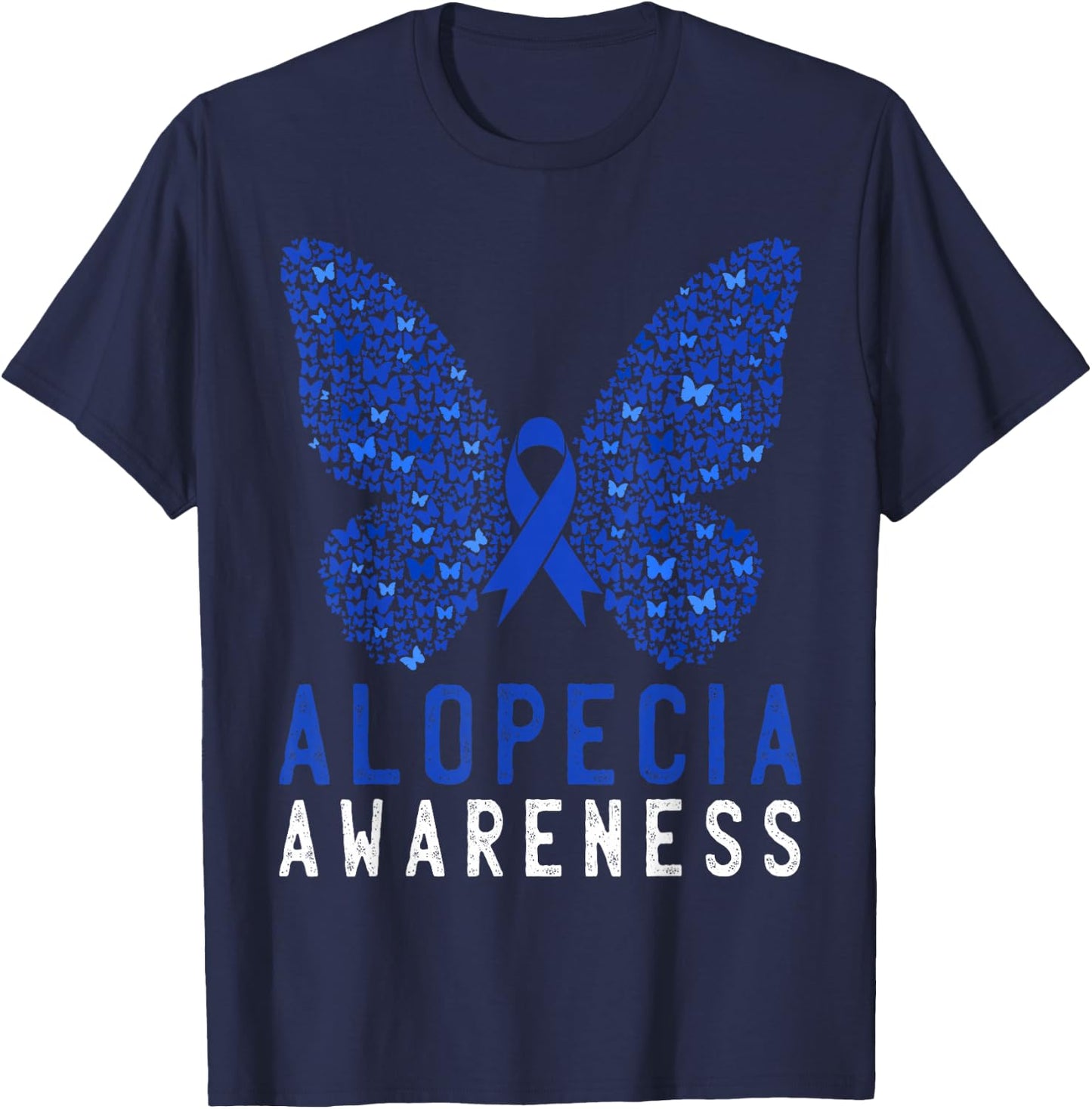 Butterfly Alopecia Awareness Blue AA Ribbon Support Warrior T-Shirt - T-Shirt | Navy