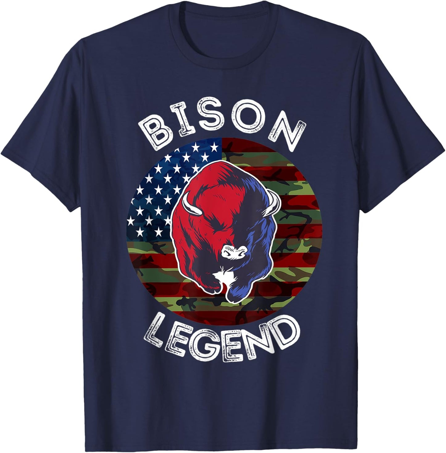 Bison Legend American Flag USA Camouflage Buffalo Cattle T-Shirt - T-Shirt | Navy