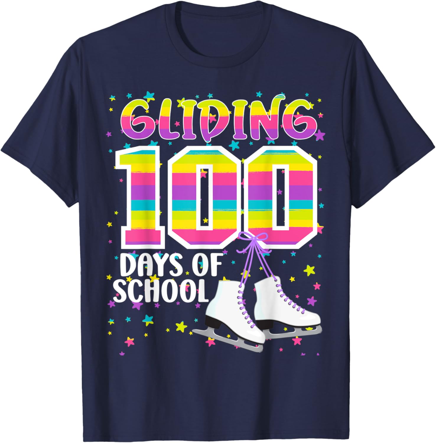 Gliding 100 days of School Kids Teachers Ice Skating 100 Day T-Shirt - T-Shirt | Navy