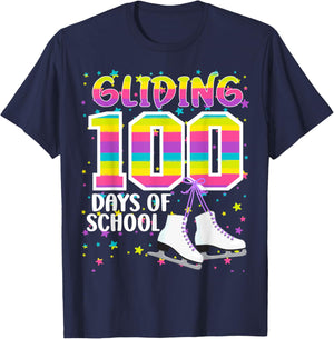 Gliding 100 days of School Kids Teachers Ice Skating 100 Day T-Shirt - T-Shirt | Navy