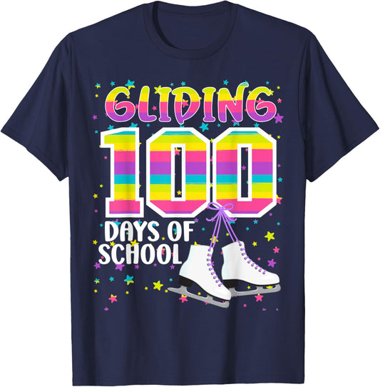 Gliding 100 days of School Kids Teachers Ice Skating 100 Day T-Shirt - T-Shirt | Navy
