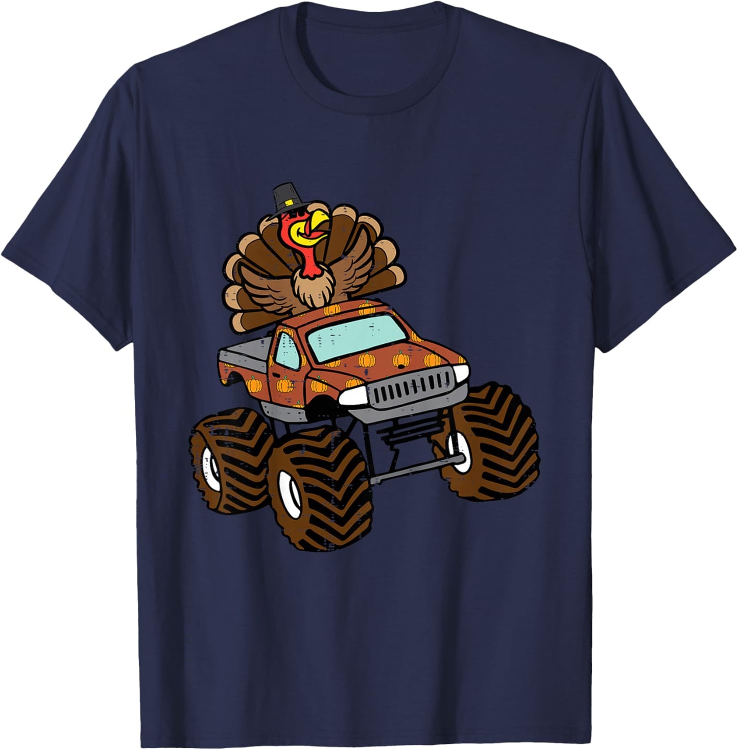 Kids Thanksgiving Turkey On Monster Truck Toddler Boys Kids Youth T-Shirt - T-Shirt | Navy