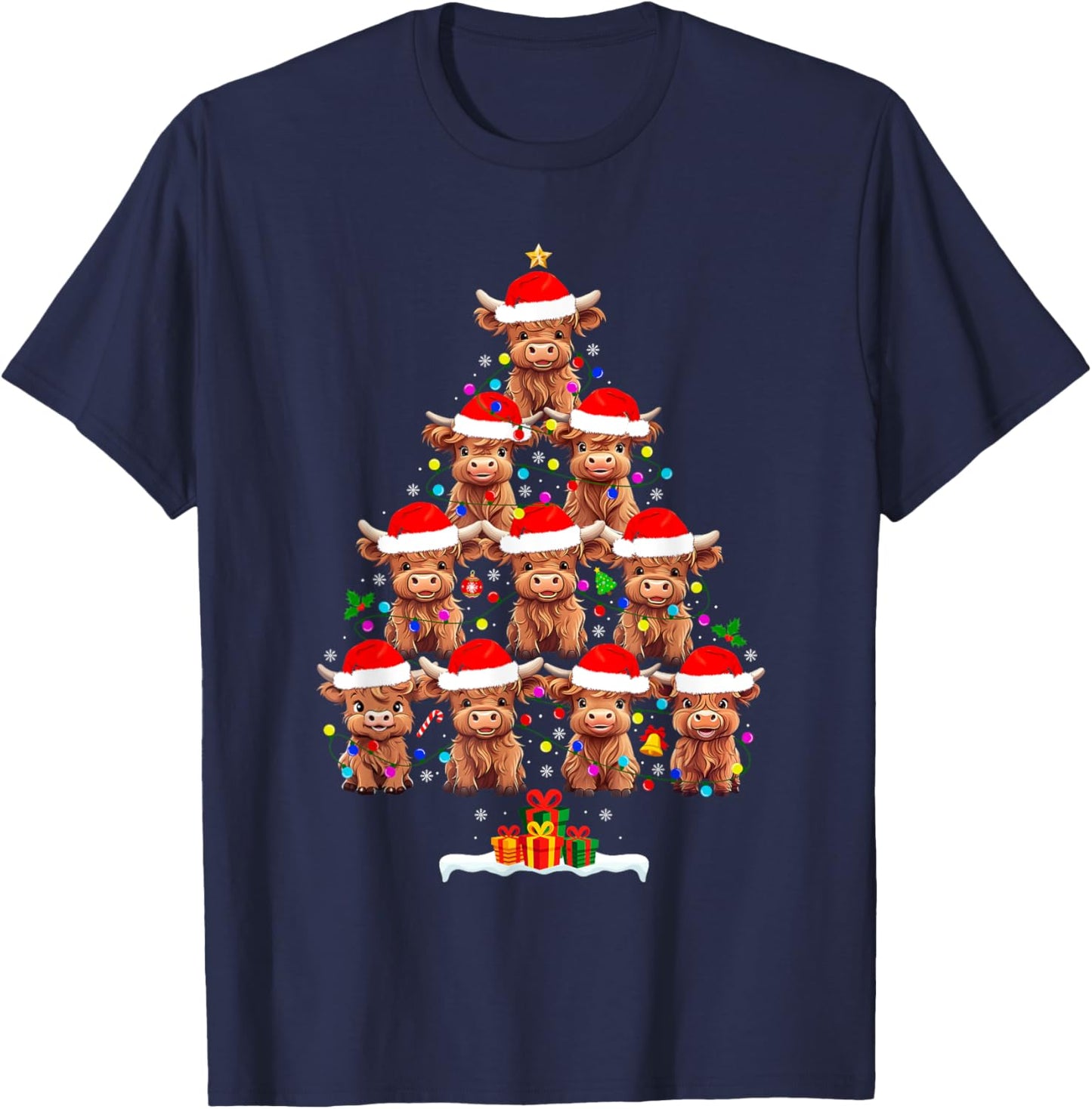 Scottish Highland Cow Christmas Tree Lights Xmas Pajamas T-Shirt - T-Shirt | Navy