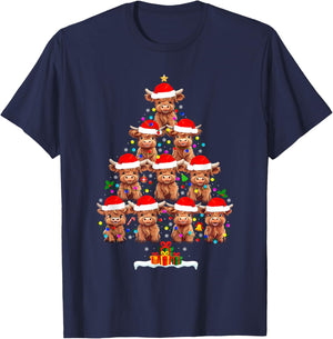 Scottish Highland Cow Christmas Tree Lights Xmas Pajamas T-Shirt - T-Shirt | Navy