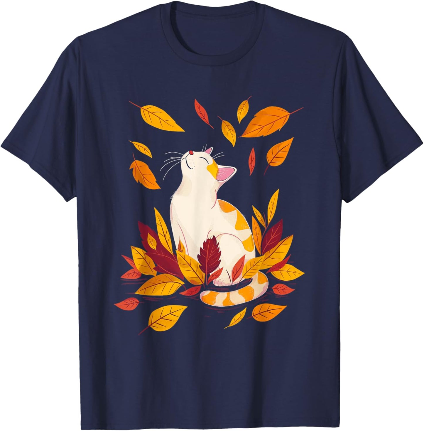 Cat Fall Leaf Tree Hello Autumn Thanksgiving T-Shirt - T-Shirt | Navy