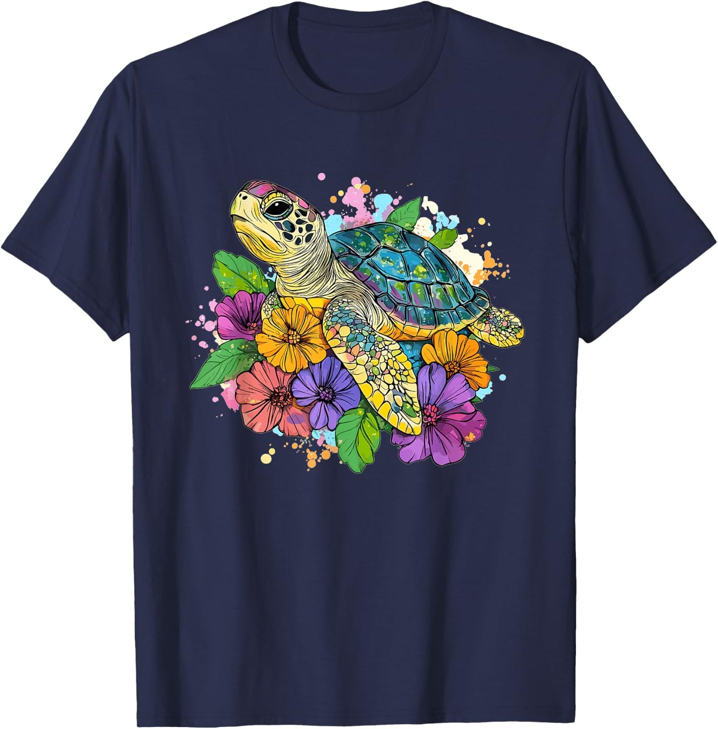 Vibrant Turtle with Flowers Splash T-Shirt - T-Shirt | Navy