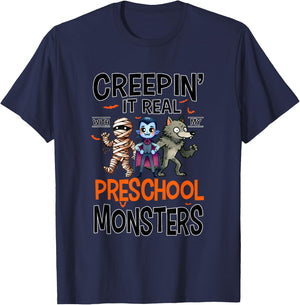 Halloween Teacher Creepin It Real With My Preschool Monsters T-Shirt - T-Shirt | Navy
