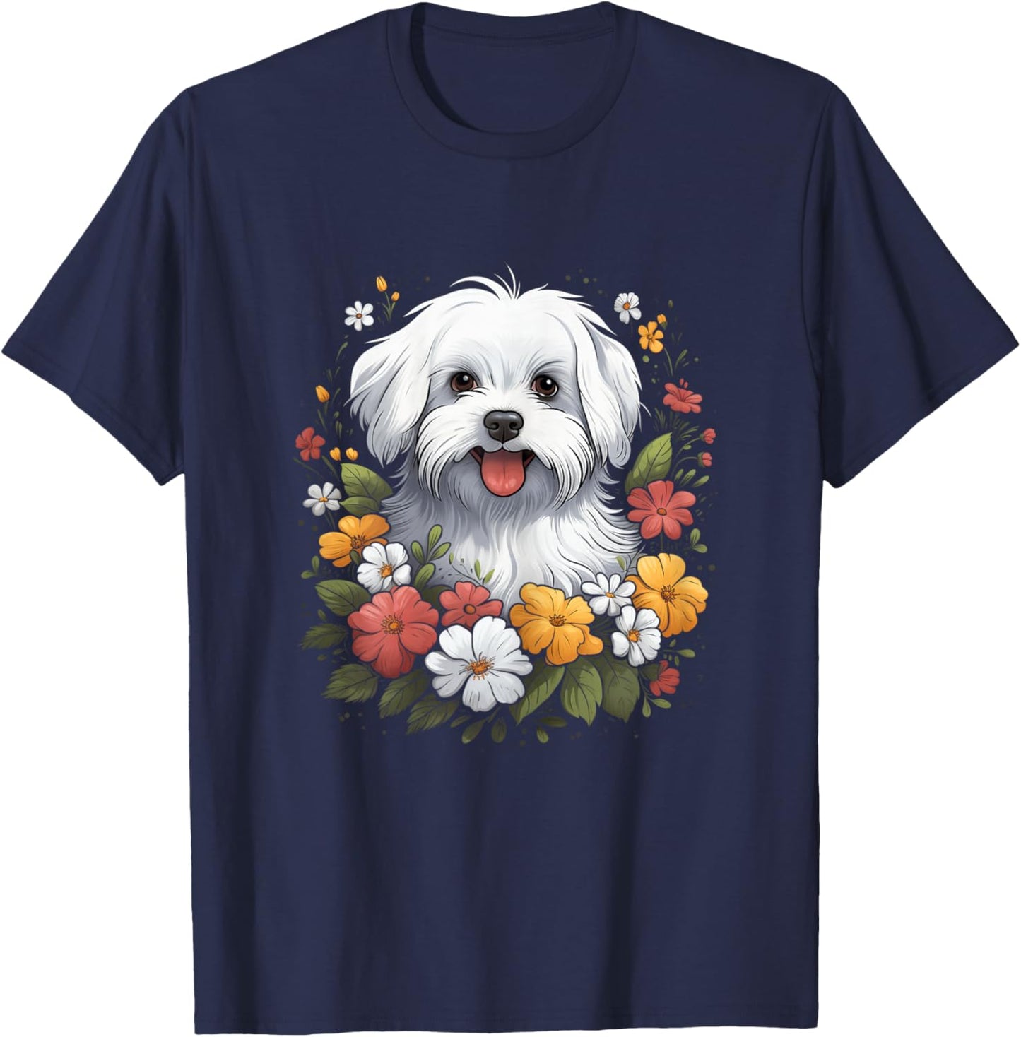 Maltese Mom Floral Dog Lover Vintage Flowers Cute T-Shirt - T-Shirt | Navy
