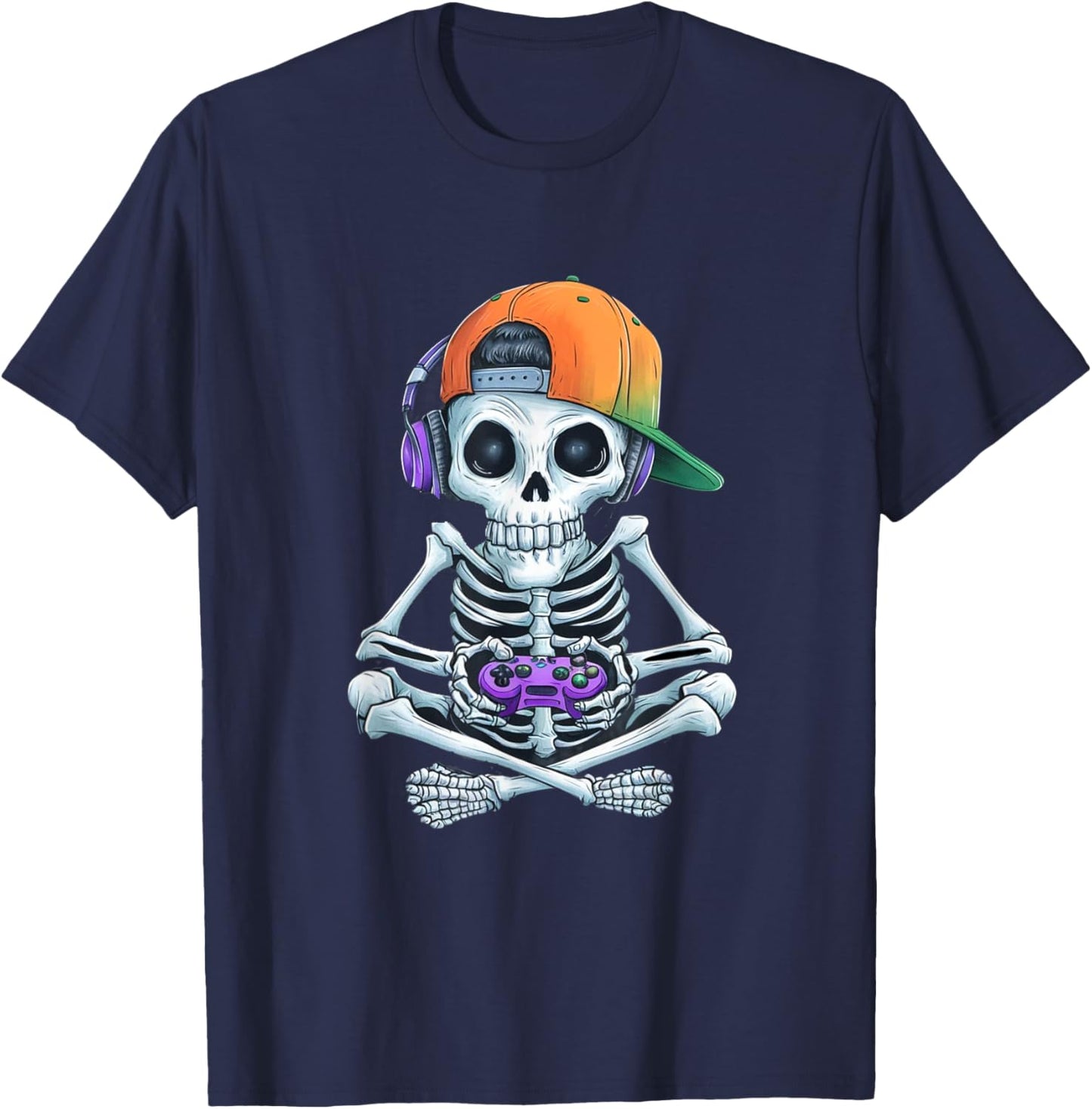 Gaming Skeleton Halloween Funny Gamer Boys kids Men T-Shirt - T-Shirt | Navy