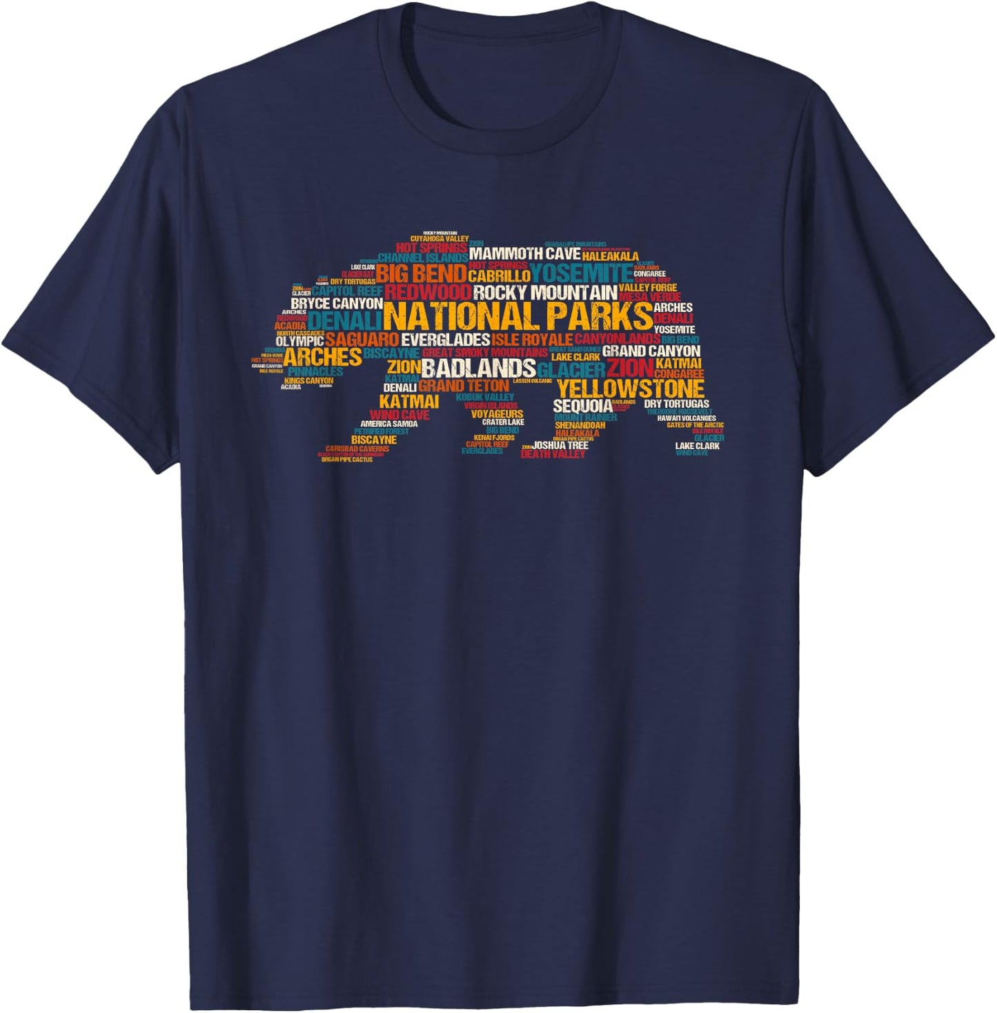 National Parks USA List Word Cloud Bear Camping & Hiking Small T-Shirt - T-Shirt | Navy