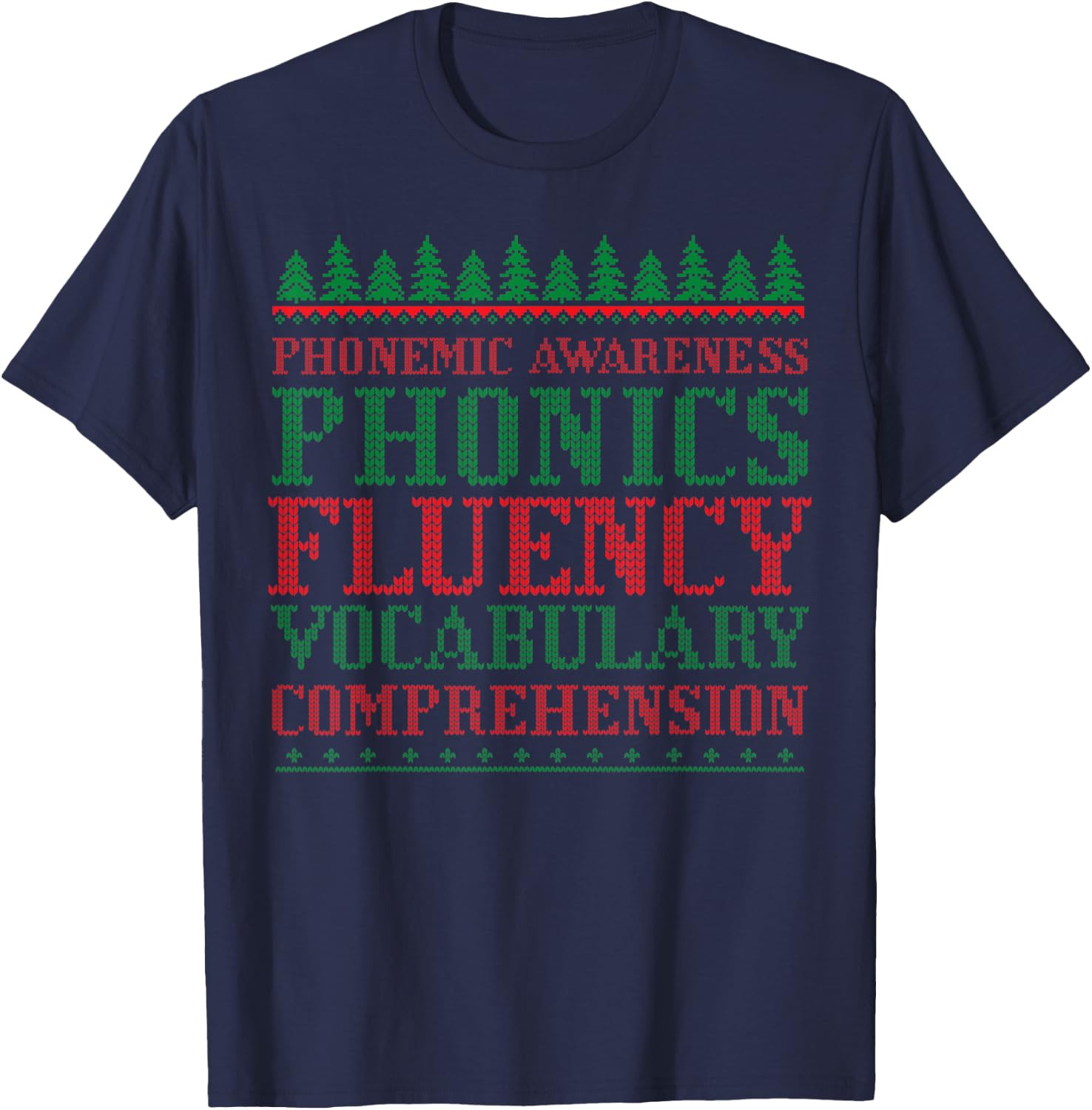 Teacher Ugly Sweater Christmas Science of Reading T-Shirt - T-Shirt | Navy