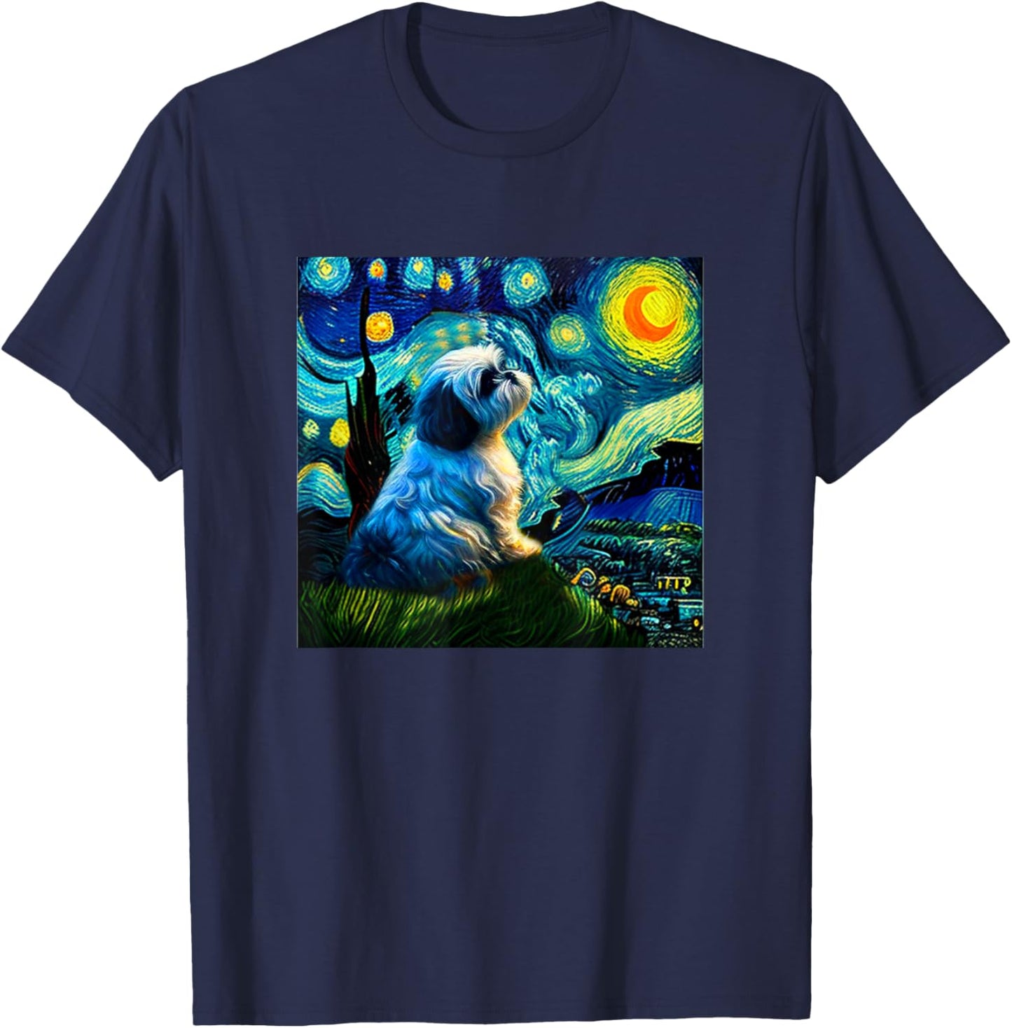 Shih Tzu Funny , Dog, Van Gogh, Starry Night, Cute, Men's, Kids, Funny, Clothes, Goods, Gift T-Shirt - T-Shirt | Navy