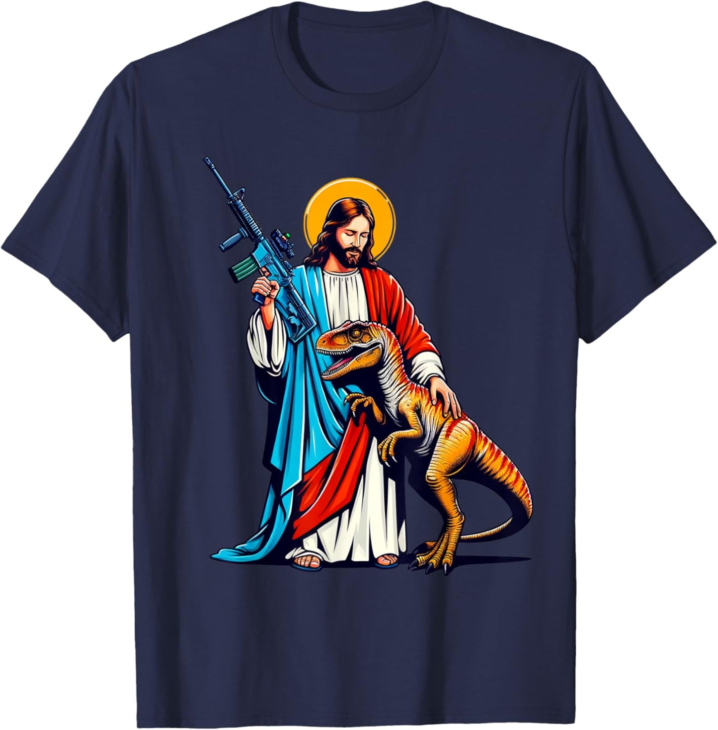 Jesus and Raptor Shirt, Funny AR15 2nd Amendment Patriotic T-Shirt - T-Shirt | Navy