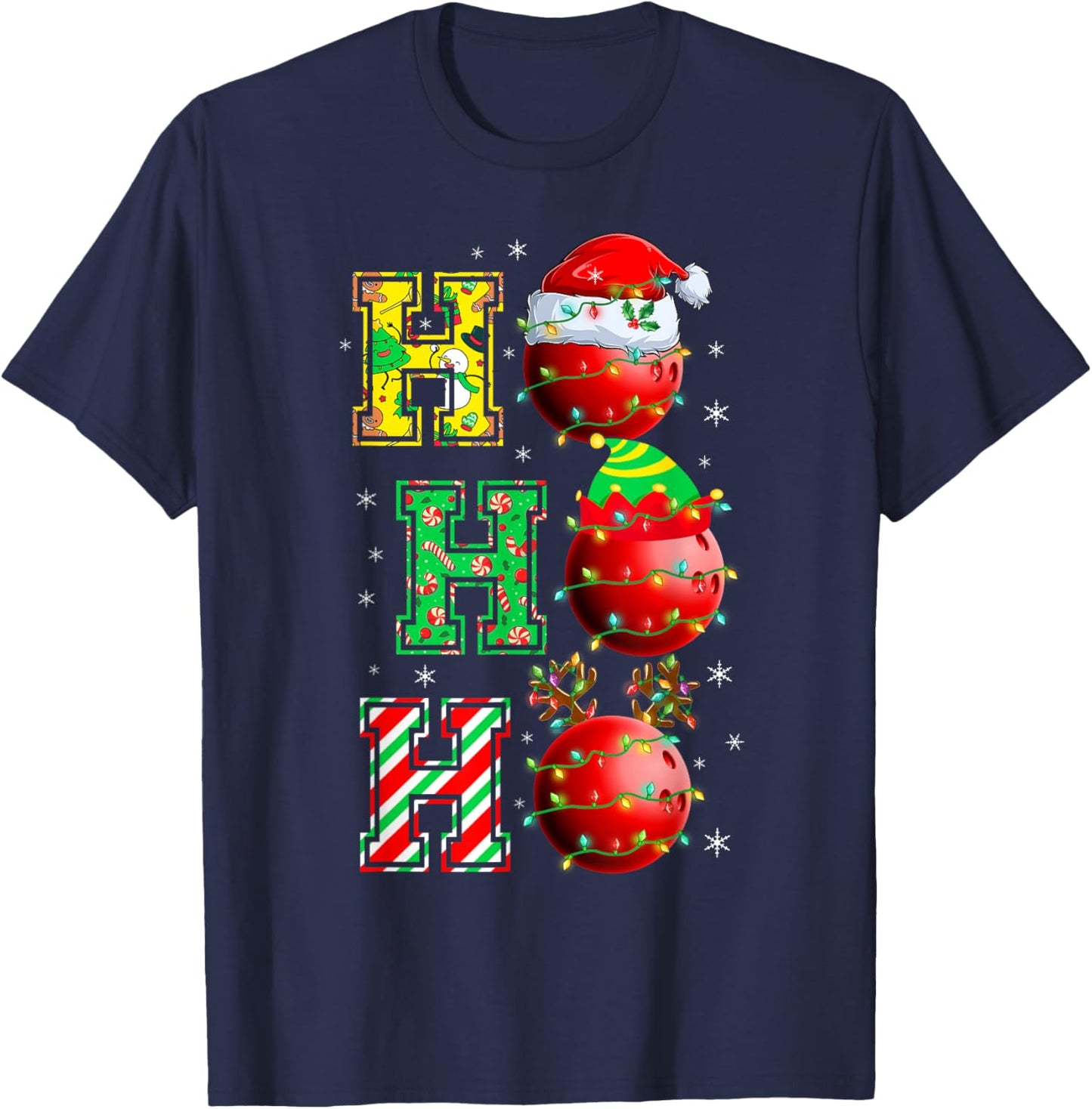 HOHOHO Santa Elf Reindeer Bowling Balls & Christmas Lights T-Shirt - T-Shirt | Navy