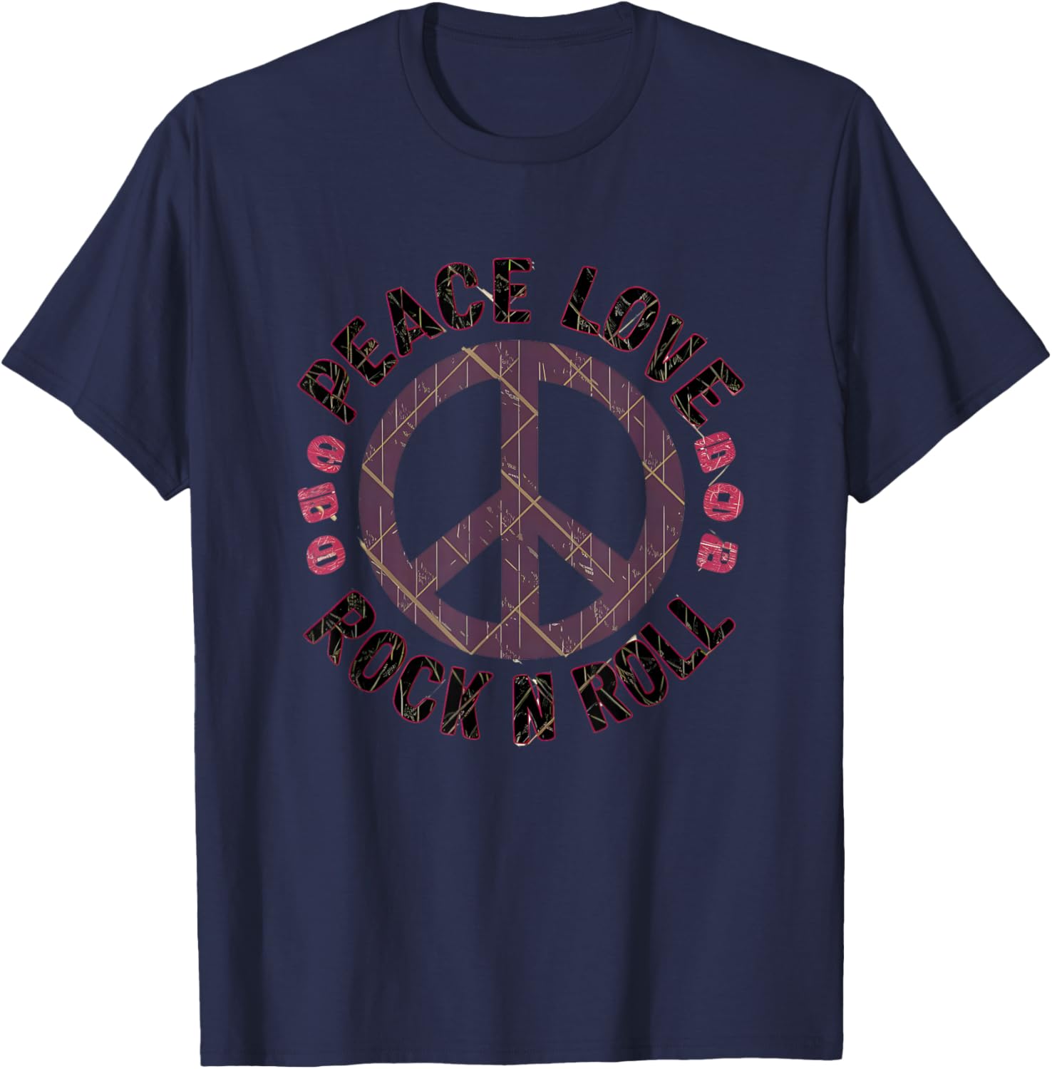 Peace Love and Rock And Roll Saying Rocker Motif T-Shirt - T-Shirt | Navy