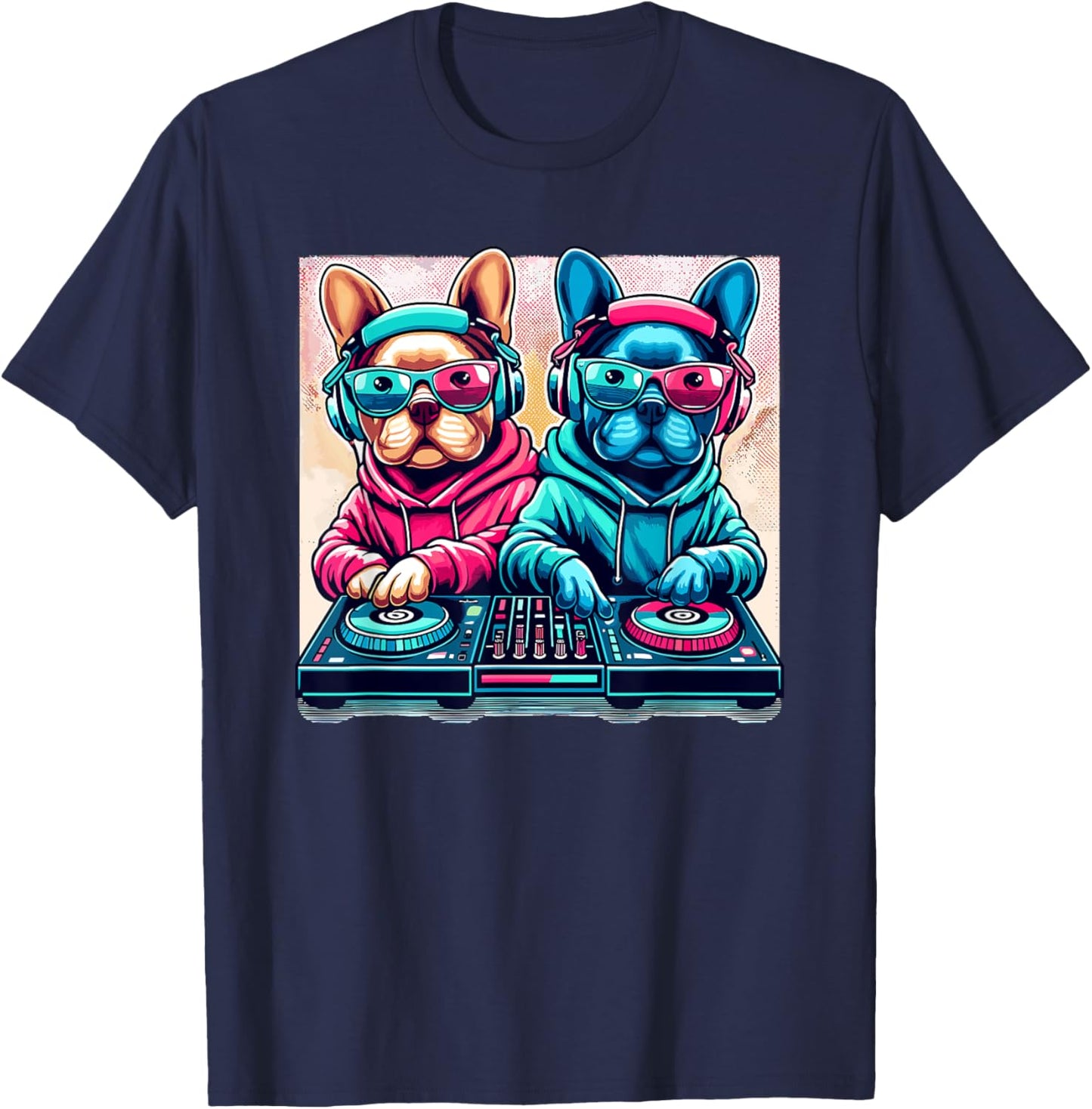 Funny DJ French Bulldog Disco Sound Tech Headphone Music T-Shirt - T-Shirt | Navy