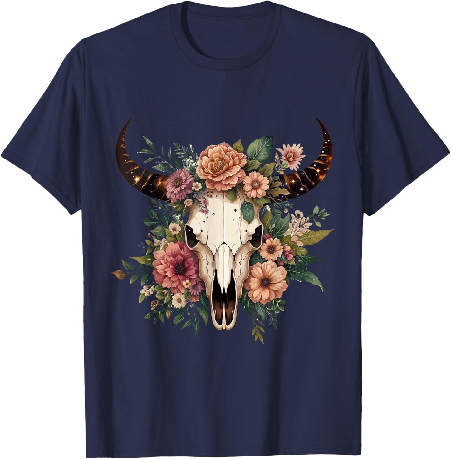 Boho Cow Bull Skull Flowers Wild west Western Cowgirl Texans T-Shirt - T-Shirt | Navy
