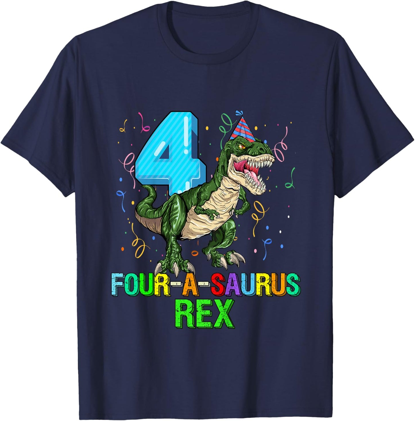 Kids 4 Year Old Boy 4th Birthday Dinosaur Gift Fourasaurus T-Shirt - T-Shirt | Navy