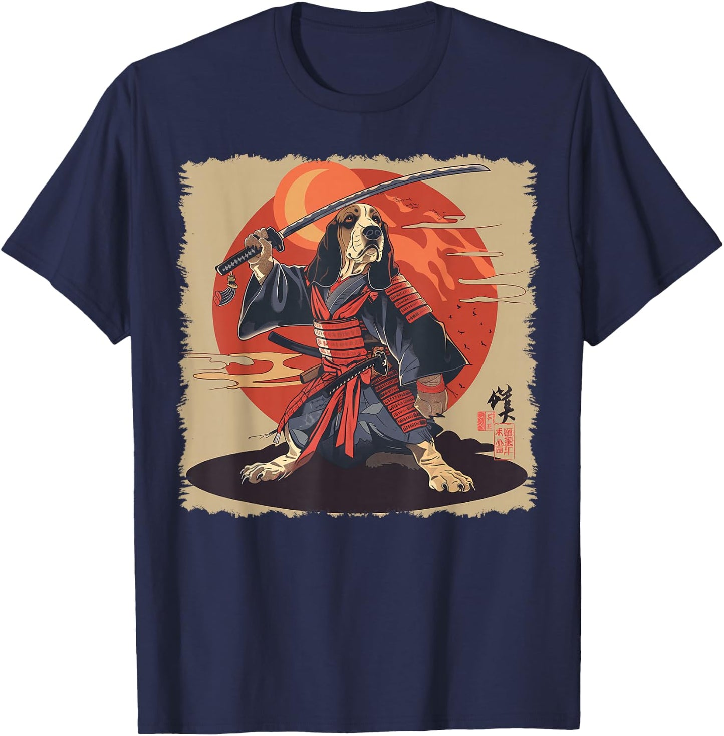 Basset Hound Dog Japanese Art Samurai Ukiyo-e T-Shirt - T-Shirt | Navy