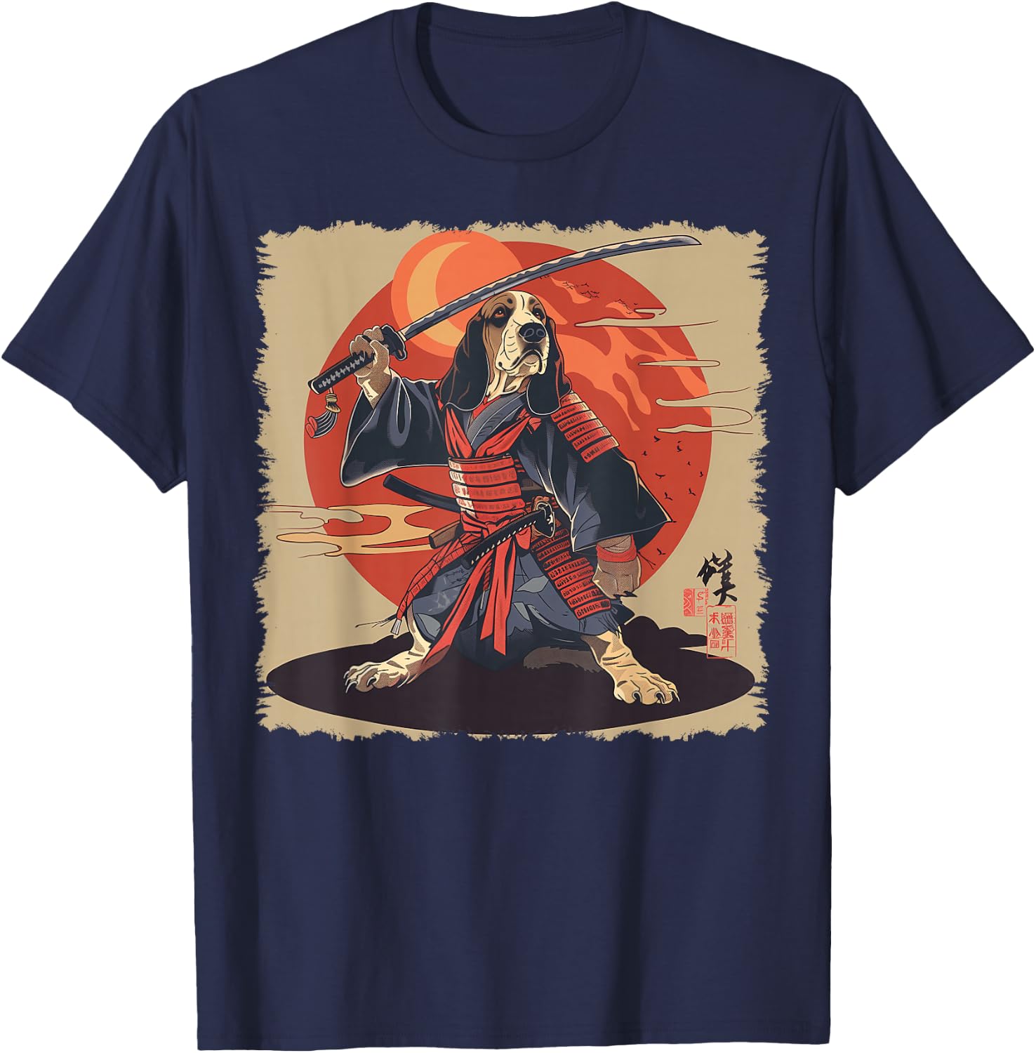 Basset Hound Dog Japanese Art Samurai Ukiyo-e T-Shirt - T-Shirt | Navy