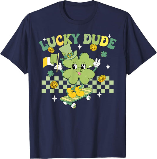 Lucky Dude Funny St Patrick's Day Kid Skateboarding Shamrock T-Shirt - T-Shirt | Navy