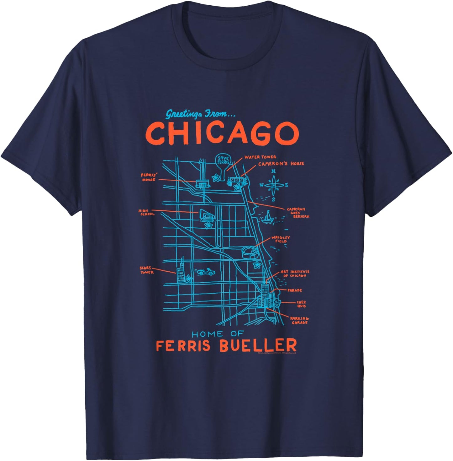 Ferris Bueller's Day Off Chicago Map Funny Movie T-Shirt - T-Shirt | Navy