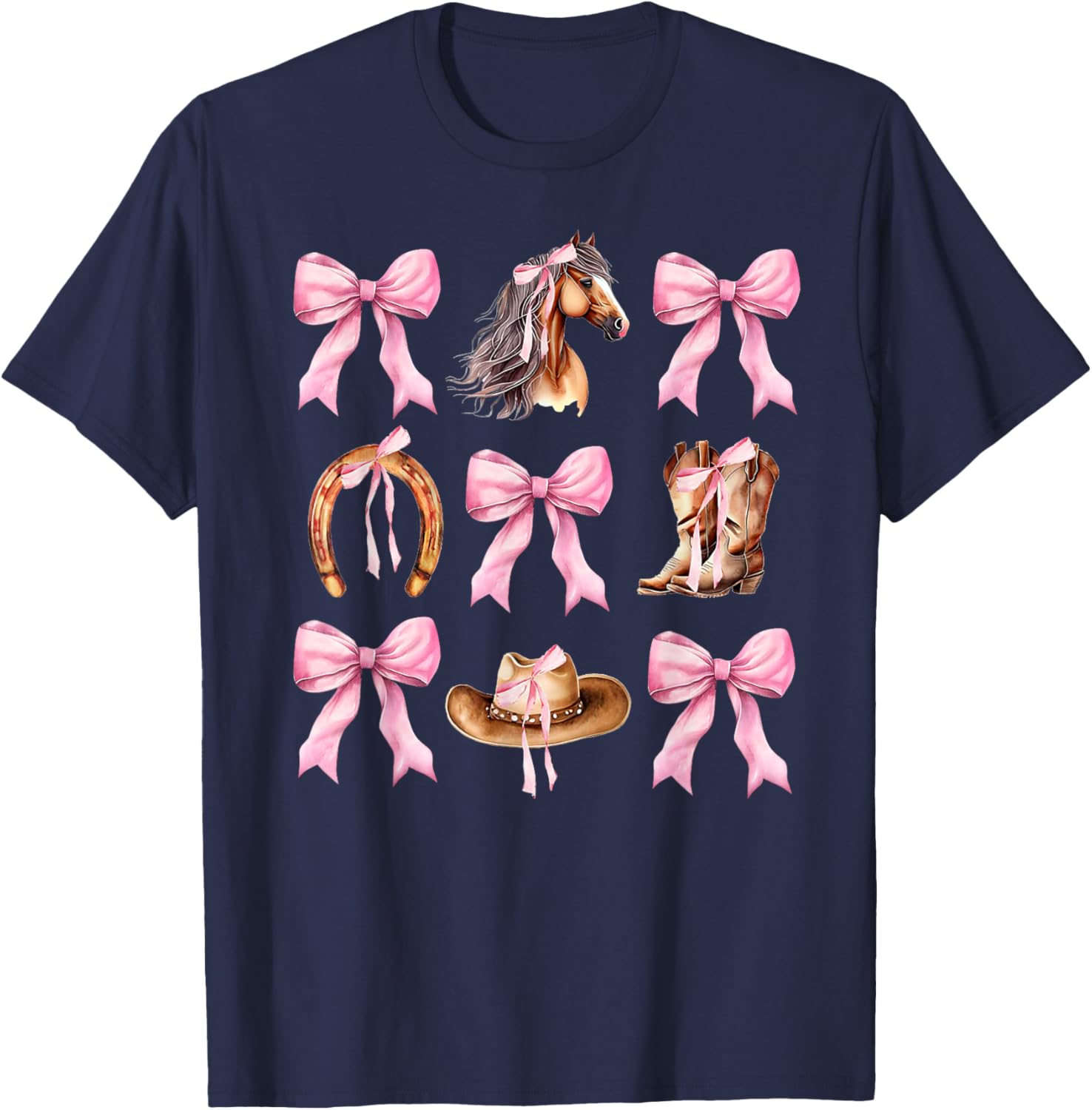 Western Girl Country Rodeo Pink Cowgirl Horse Coquette Bow T-Shirt - T-Shirt | Navy