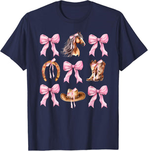 Western Girl Country Rodeo Pink Cowgirl Horse Coquette Bow T-Shirt - T-Shirt | Navy