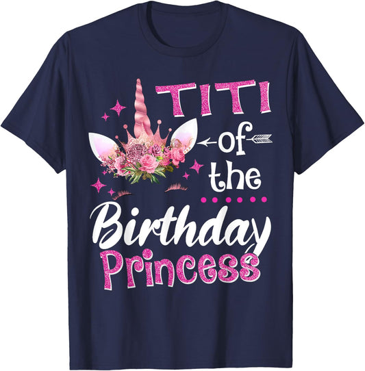 Titi Of The Birthday Princess Unicorn Flower T-Shirt - T-Shirt | Navy