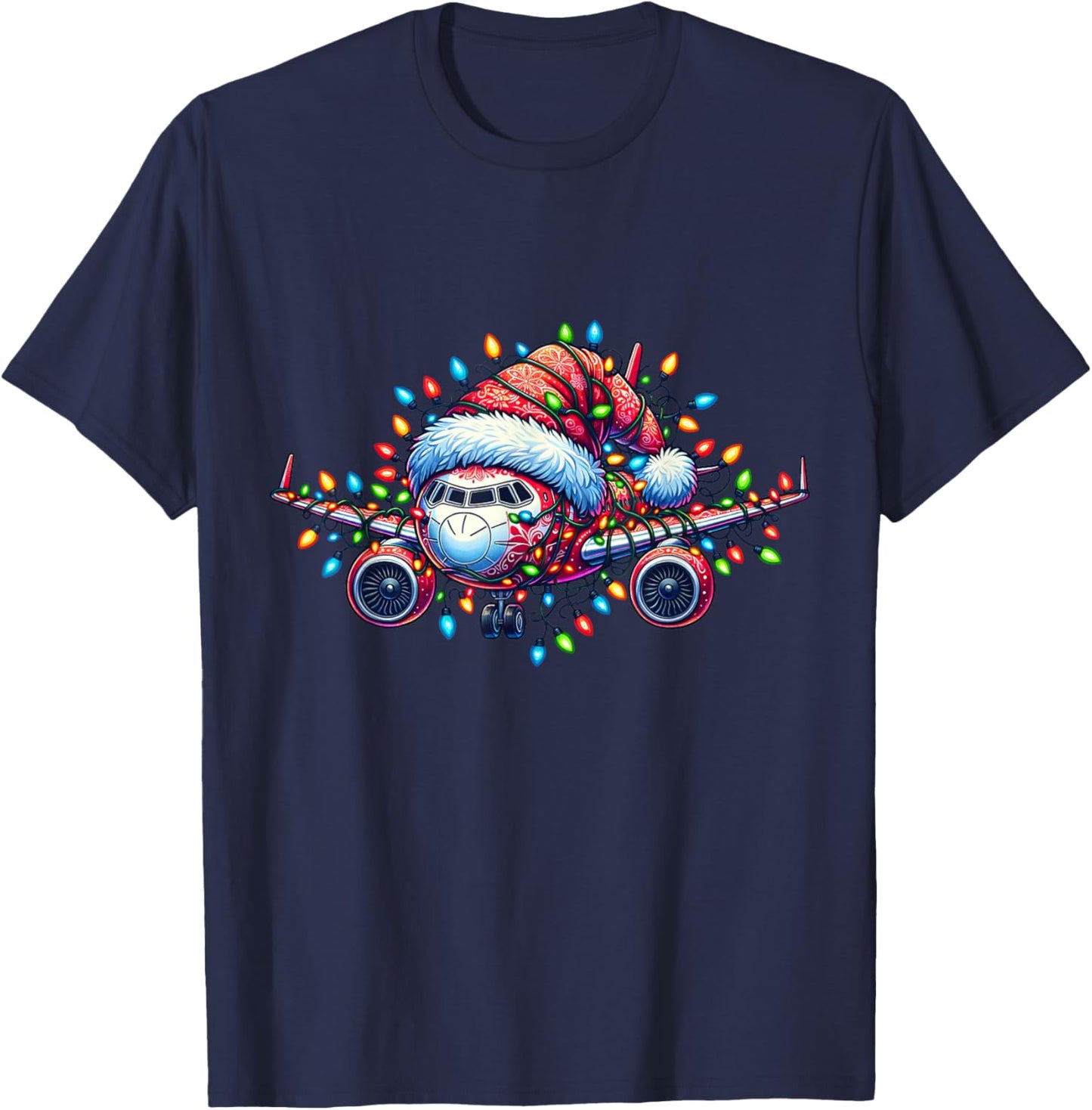 Funny Santa Airplane Xmas Lights Kids Toddler Boys Christmas T-Shirt - T-Shirt | Navy