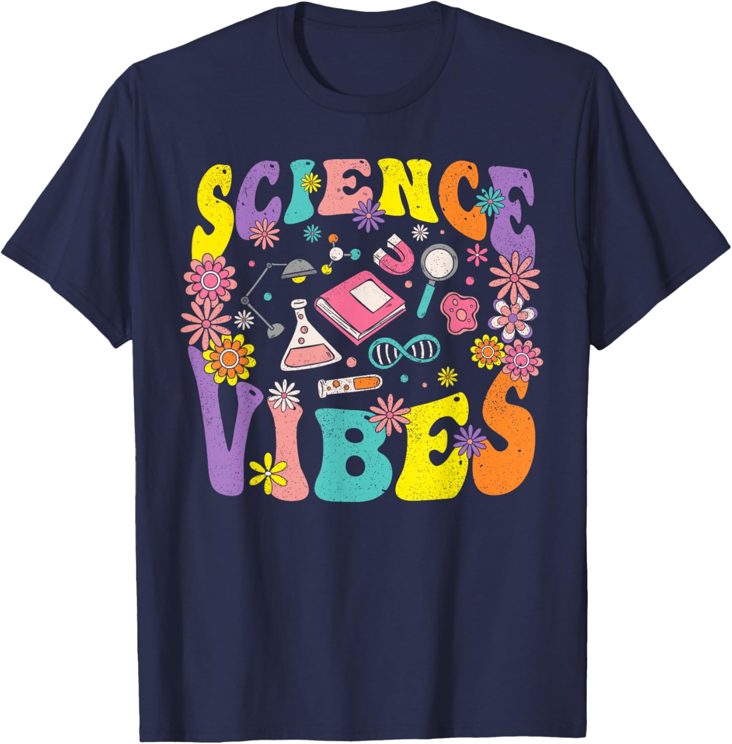 Science Vibes Retro 1st Day of Back To School Groovy Teacher T-Shirt - T-Shirt | Navy