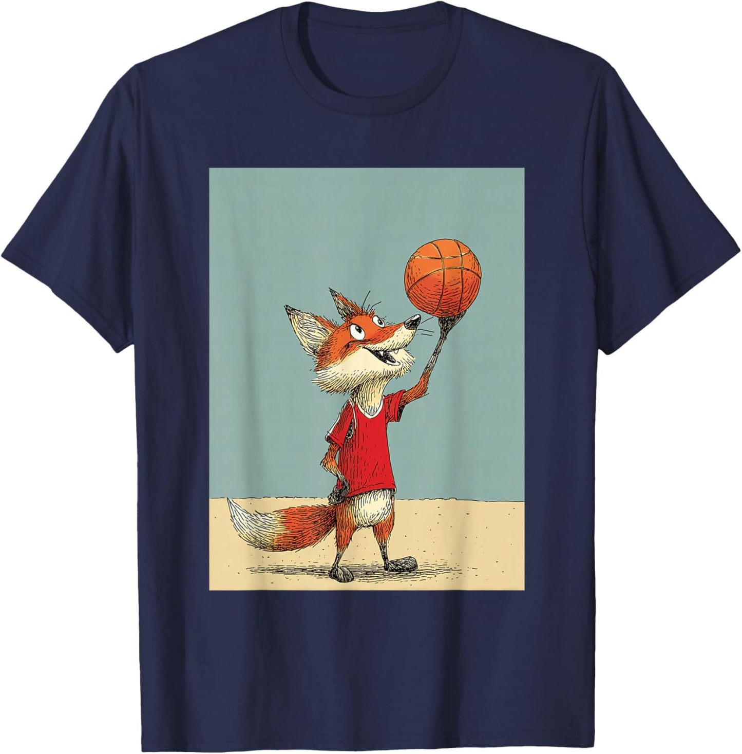 Cute Fox Sports Funny Basketball Cartoon Design T-Shirt - T-Shirt | Navy